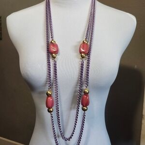 Vintage Long Chain Necklace Pink Stone Gold Bead Purple Tone‎ Costume Jewelry
